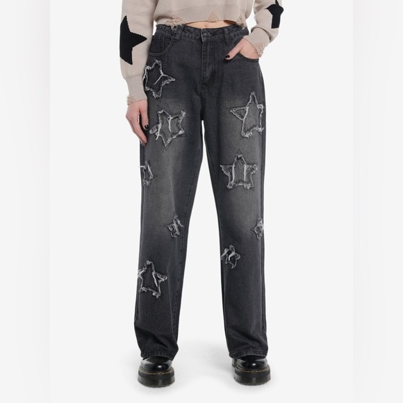 Hot Topic Womans‎ Black Frayed Star Patch Wide Leg Denim Pants Size Large Goth - Picture 1 of 7